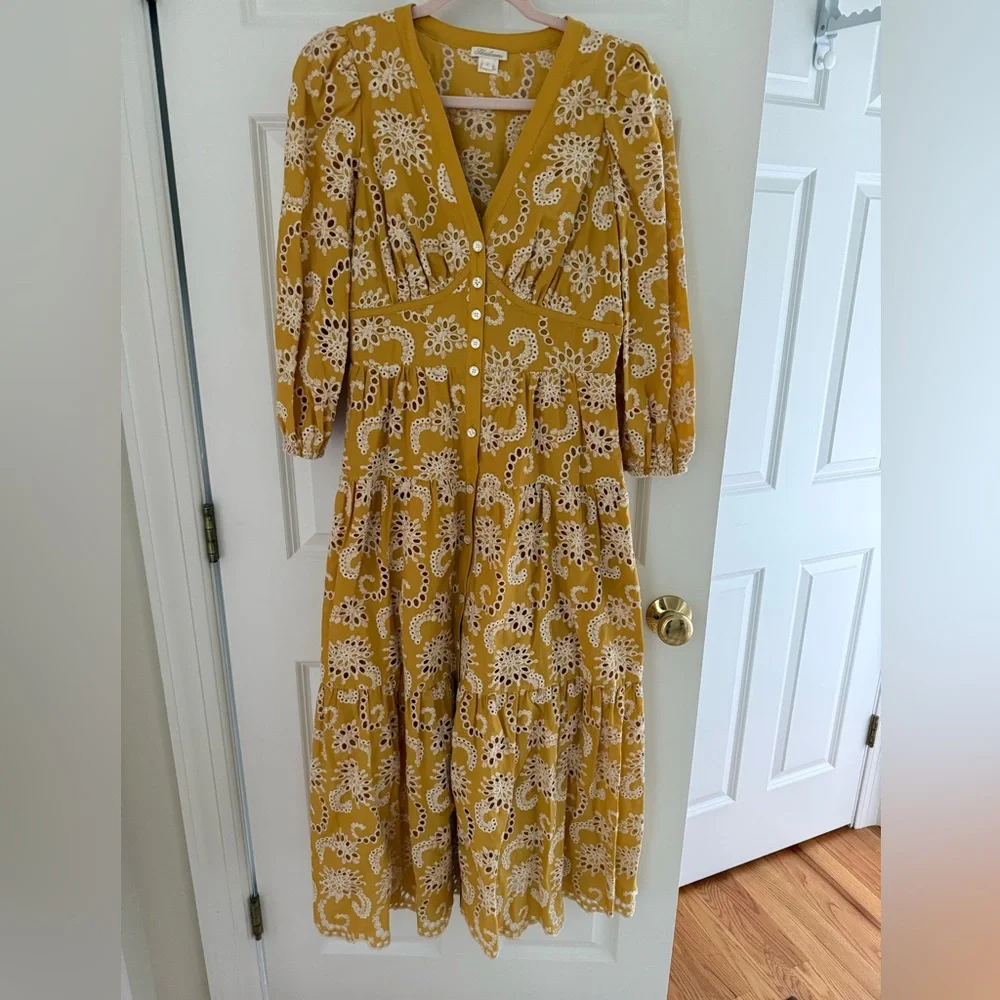 Shoshanna Yellow Embroidered Eyelet Long Sleeve Midi Dress Size 4 - Picture 2 of 5